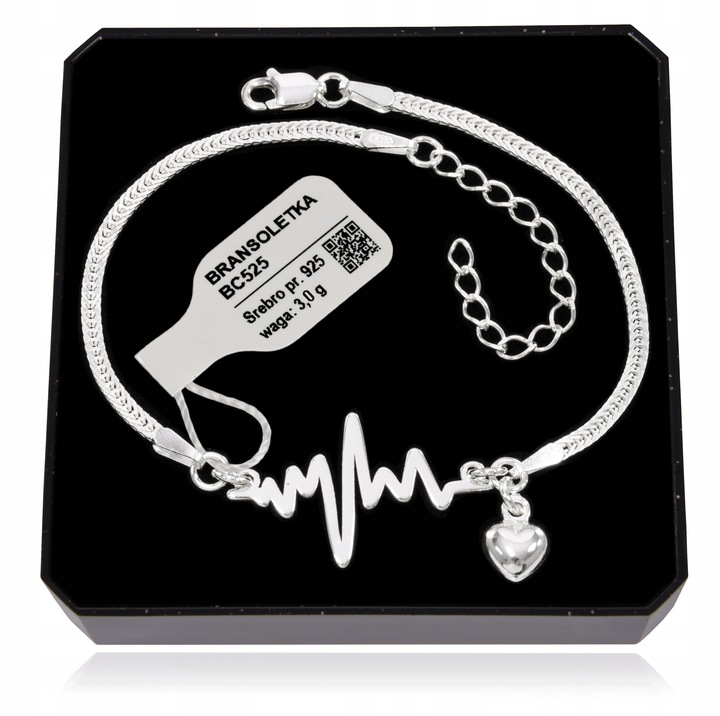 Bransoletka srebrna linia życia rytm EKG serca