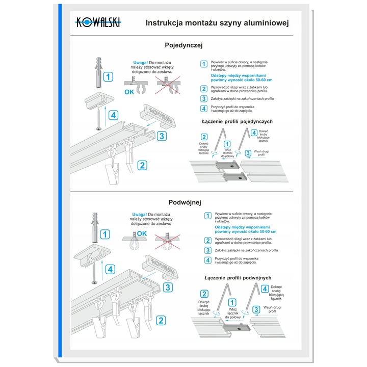 KOWALSKI SZYNA SUFITOWA ALUMINIOWA BIAŁA 150 CM POJEDYNCZA PODWÓJNA