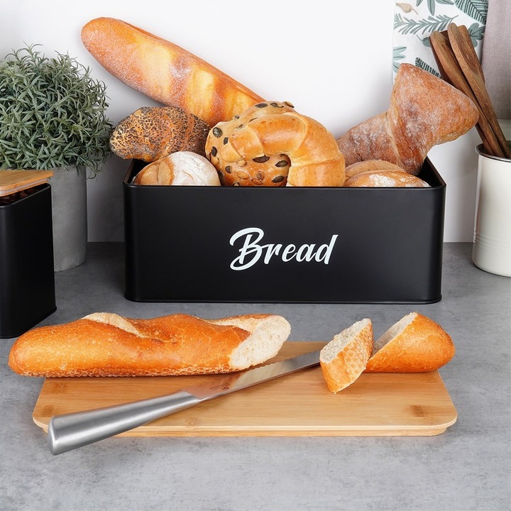 Chlebak CZARNY metalowy bambusowy pojemnik kuchenny na pieczywo chleb