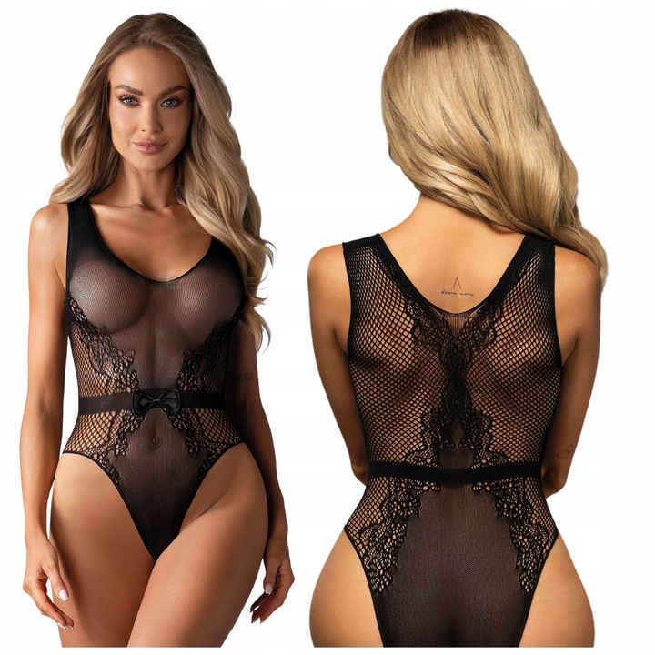 Body Damskie Koronkowe z Siateczki Obsessive z Dziurką B115 S/L Czarne