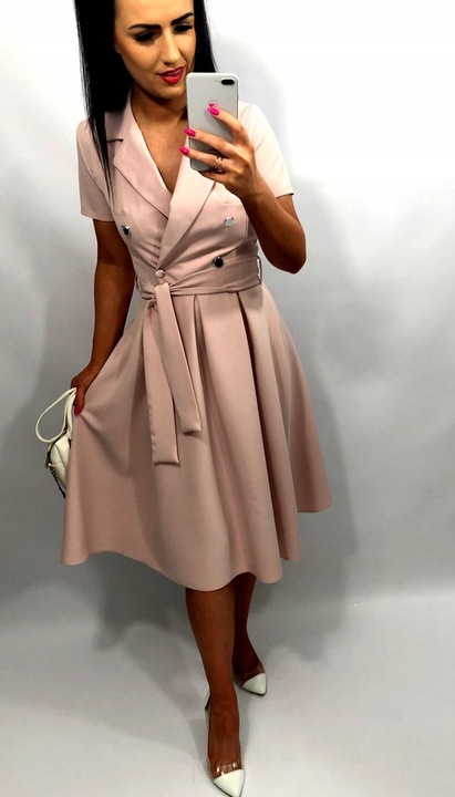 Sukienki Damskie na Komunię Chrzciny Wesele Elegancka Rozkloszowana Róż M