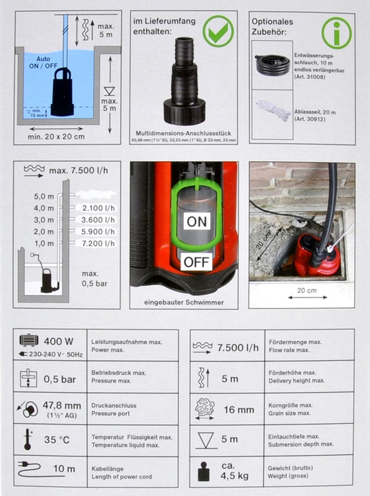 POMPA DO WODY ZE ZINTEGROWANYM PŁYWAKIEM 7500l/h