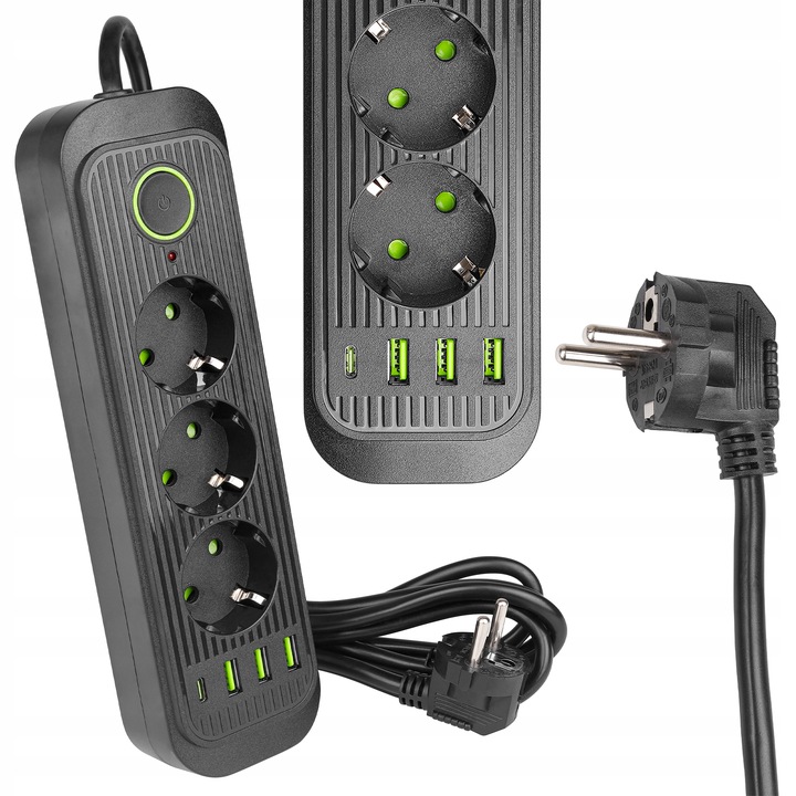 Przedłużacz listwa zasilająca 2m 3 GNIAZDA UZIEMIENIE 4x USB C CZARNY