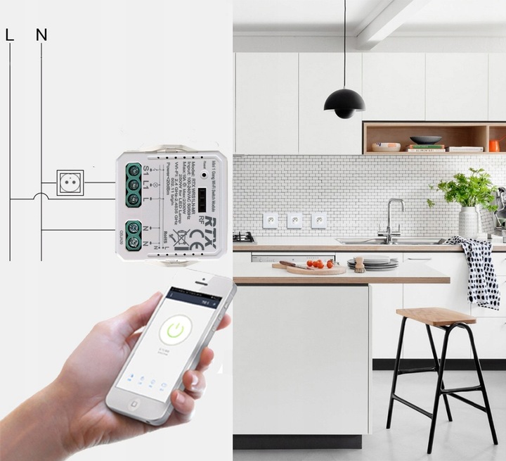 RTX Mini Przekaźnik Sterownik Oświetlenia Moduł 1kanał LN TUYA WiFi