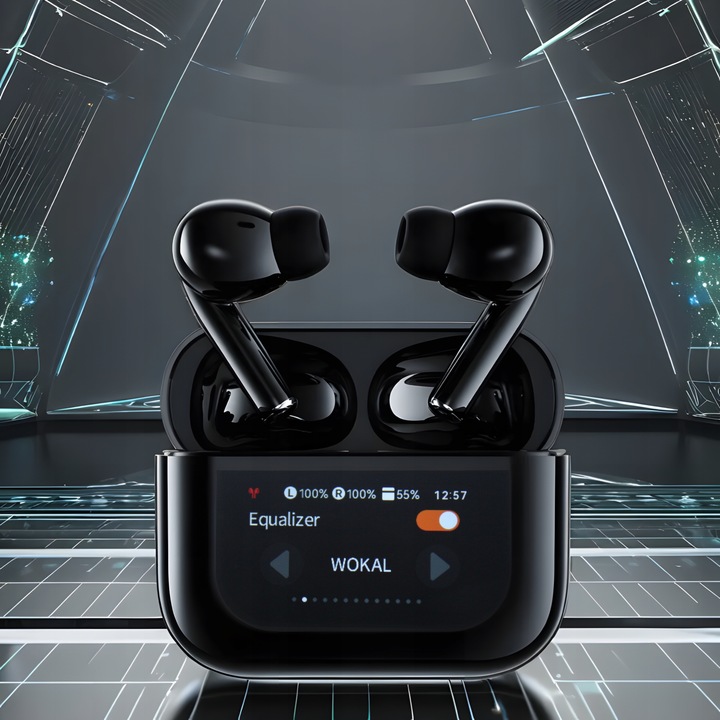 Słuchawki Bezprzewodowe Douszne PRO Lekkie ANC Mikrofon Czarne Wyświetlacz