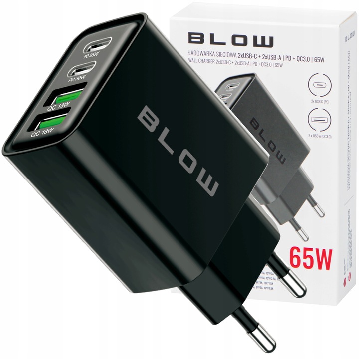 SZYBKA ŁADOWARKA SIECIOWA GNIAZDO 2x USB 2x USB-C QC 3.0 PD 65W UNIWERSALNA