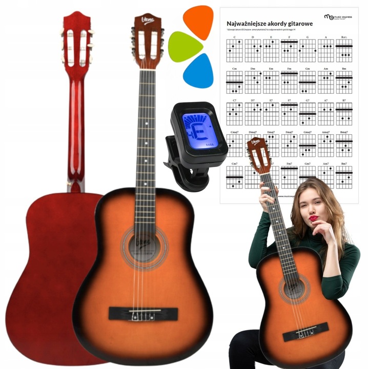GITARA KLASYCZNA 4/4 DO NAUKI DLA POCZĄTKUJĄCYCH STROIK + KOSTKI + AKORDY