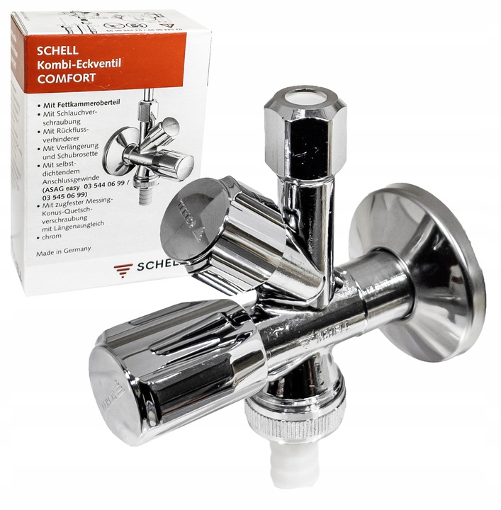 ZAWÓR KĄTOWY KOMBINOWANY 1/2"x3/4"x3/8 ZMYWARKA PRALKA KRAN BATERIA SCHELL