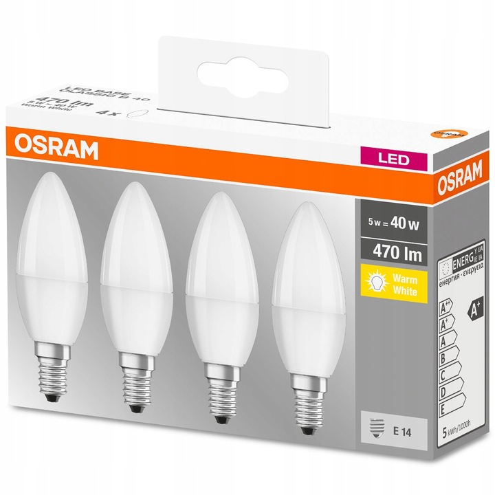 4x Żarówka LED E14 B35 5W = 40W 470lm 2700K Ciepła 300° OSRAM