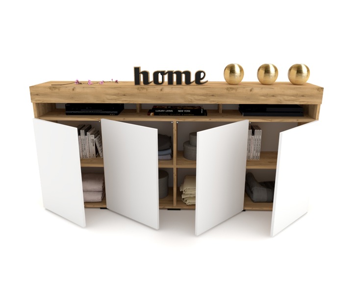 Duża Komoda LUNA 4D 180 Dąb Craft Biała LED