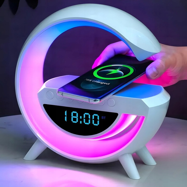 Lampka nocna biurkowa 6w1 | Zegar | Budzik | Radio | Ładowarka | Głośnik