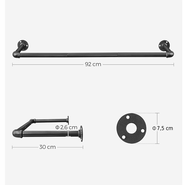 Drążek na ubrania WIESZAK ŚCIENNY 92x30x7,5 cm ZE STALI czarny LOFT
