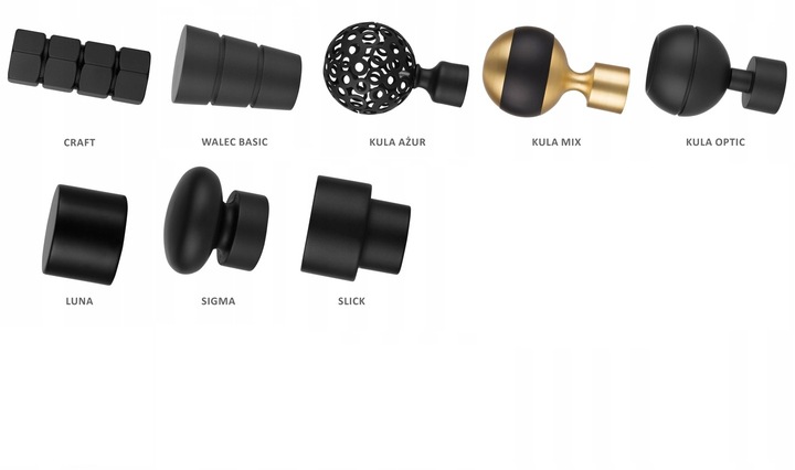 KARNISZ POJEDYNCZY 200 CM 19 MM CZARNY MAT BIAŁY MAT WYBÓR ZAKOŃCZEŃ RENA