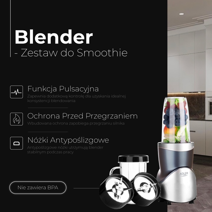 BLENDER KIELICHOWY DO SMOOTHIE do koktajli 1200W + 4 butelki kubki