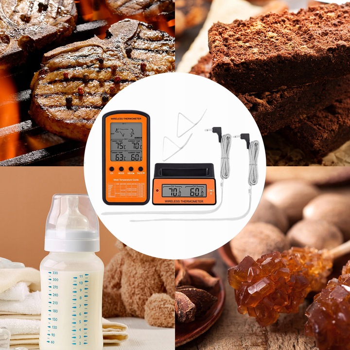 BEZPRZEWODOWY TERMOMETR DO GRILLA WĘDZARNI 2 SONDY CZYTELNY WYŚWIETLACZ LCD
