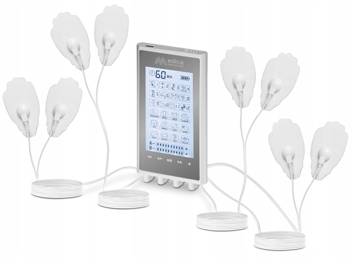 ELEKTROSTYMULATOR MIĘŚNI MASAŻER TENS EMS + ELEKTRODY 16 szt. ZESTAW XXL