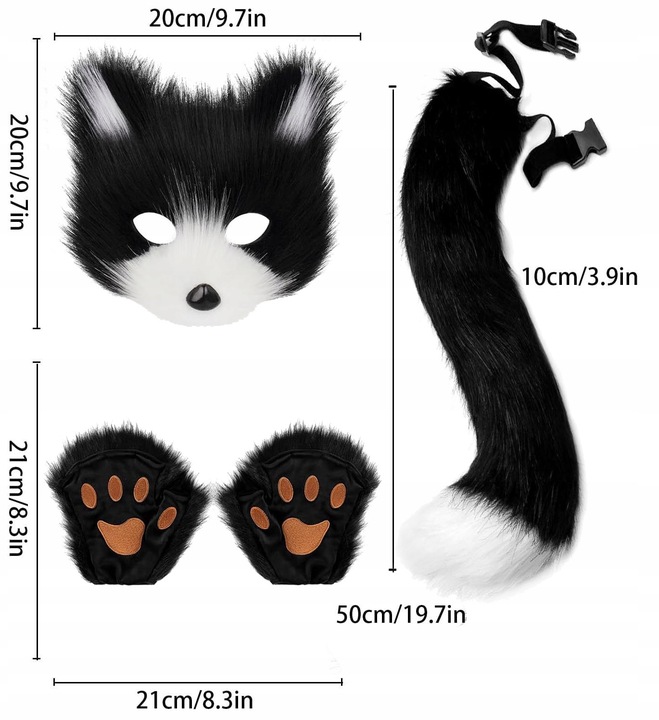 Sztuczne futro ogon lisa kot wilk przebranie karnawał zestaw pluszowa maska