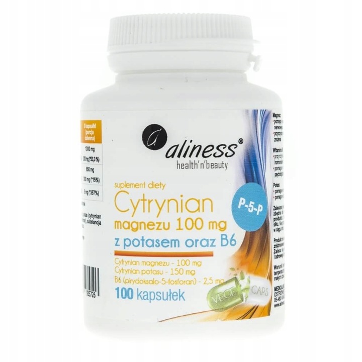 Aliness Cytrynian Magnezu 150mg Potas wit. B6 PAMIĘĆ SERCE MIĘŚNIE 100 kaps