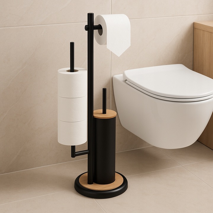 Stojak z uchwytem na papier toaletowy czarny i szczotka do WC bambus zestaw