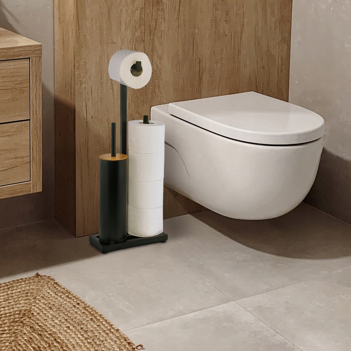 Stojak na papier toaletowy z uchwytem i szczotką WC czarny bambus YOKA HOME