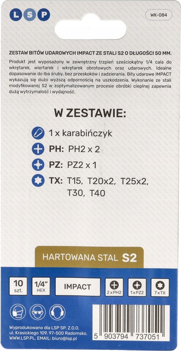BITY UDAROWE DO WKRĘTARKI STAL S2 ZESTAW BITÓW HEX + KARABIŃCZYK