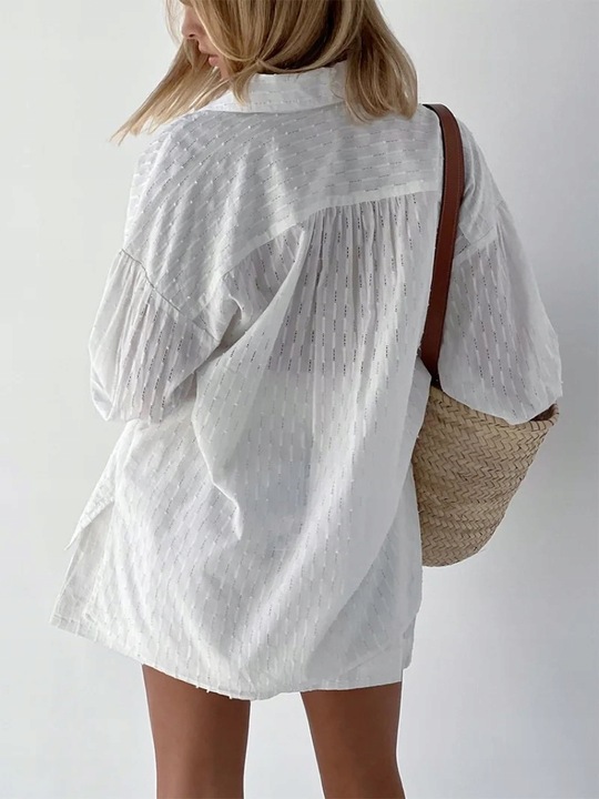 Modny damski biały bawełniany komplet bluzka z kołnierzykiem i spodenki