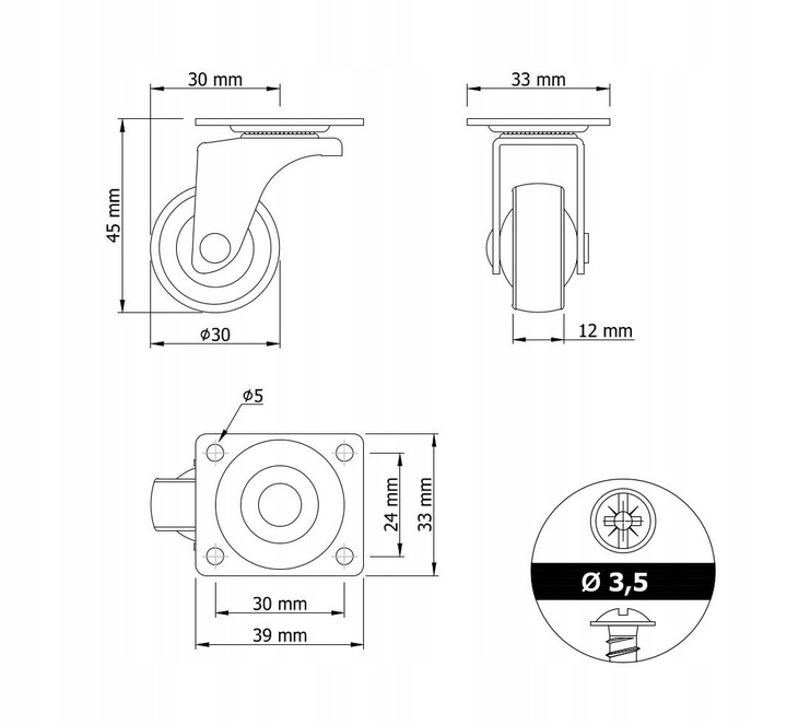 Kółko meblowe obrotowe, czarne, hamulec - zestaw