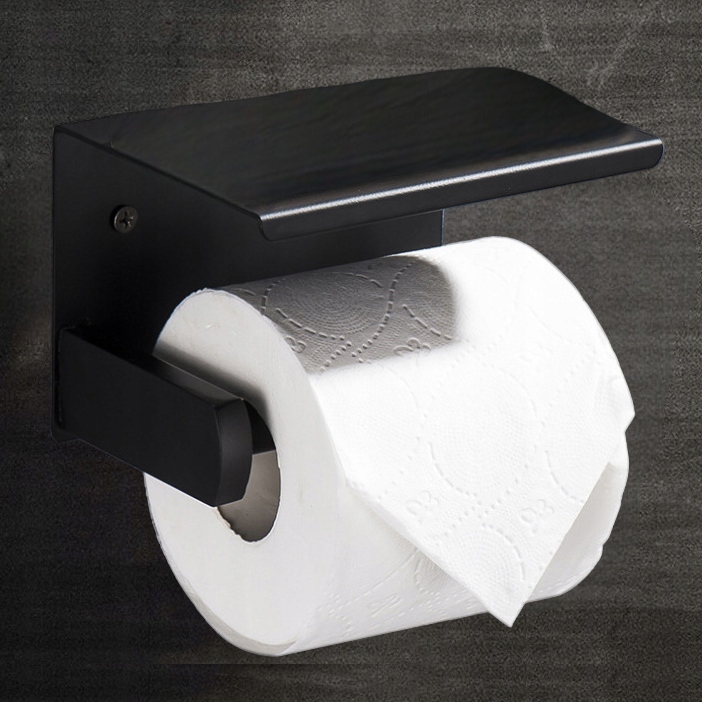 UCHWYT NA PAPIER TOALETOWY Z PÓŁKĄ CZARNY WIESZAK STALOWY ŁAZIENKA DOM WC