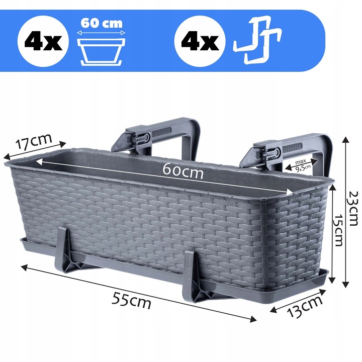 4x SKRZYNKA BALKONOWA DONICZKA DONICA 60cm Z UCHWYTAMI GRAFITOWA