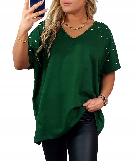 T-SHIRT KOSZULKA BAWEŁNA perły perełki V dekolt oversize plus size T31