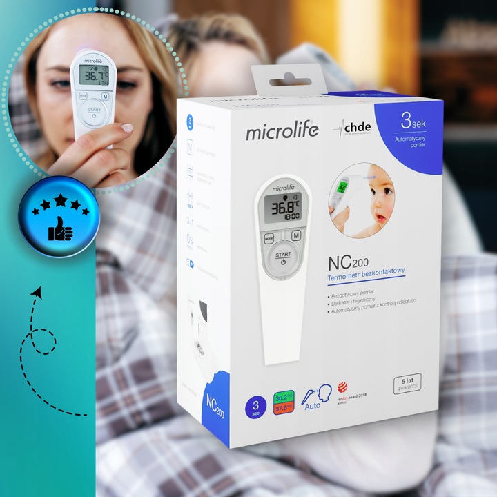 Termometr Bezdotykowy LED Elektroniczny Dokładny Cyfrowy 3sek Microlife