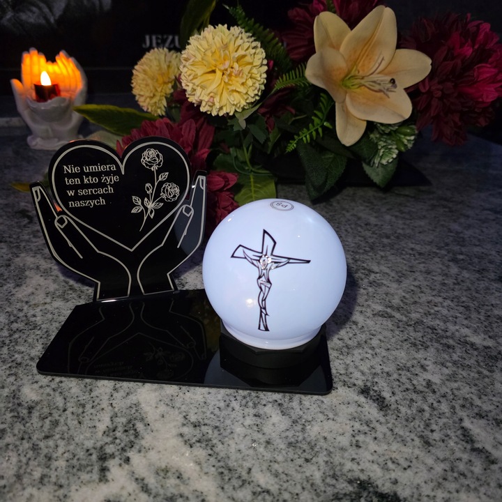 ZNICZ z Kulą Solarną na Grób STATUETKA LED NA CMENTARZ Wieczny Szkło Akryl