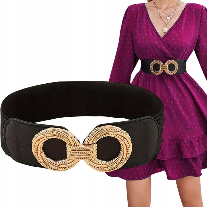 PASEK DAMSKI CZARNA GUMA ELASTYCZNY 90-110 cm ZŁOTA KLAMRA ELEGANCKI