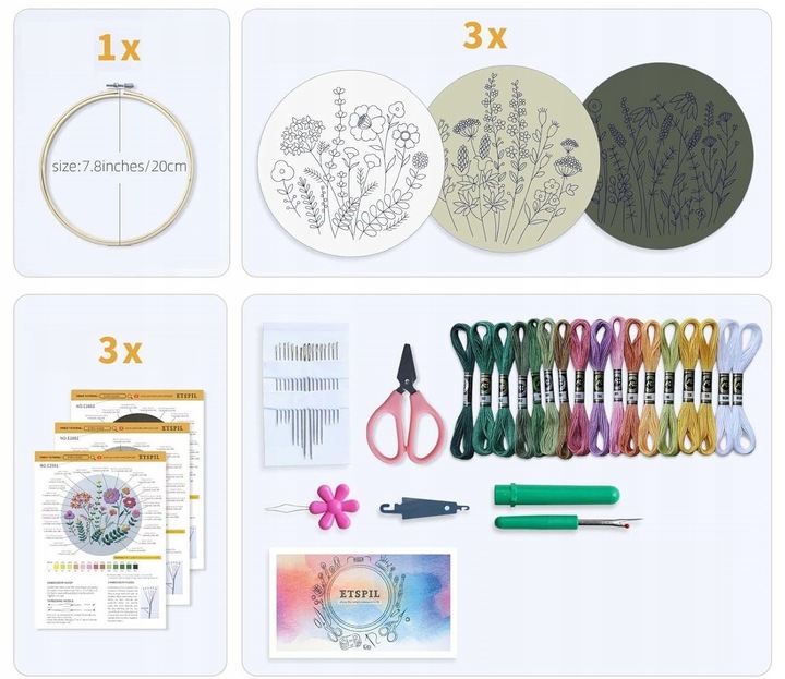 ZESTAW DO HAFTOWANIA 3 SZT HAFT DIY 16x IGŁA OBRĘCZ 20 CM WZORY VIDEO