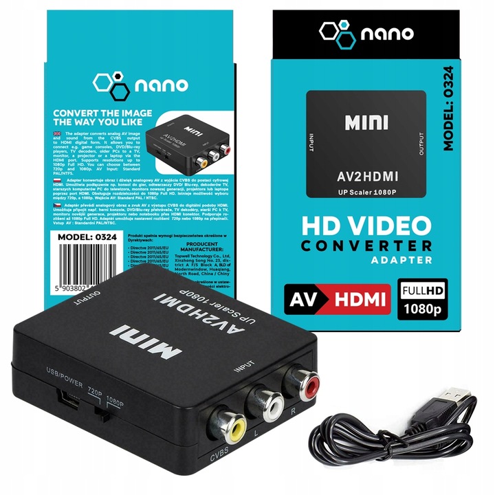 ADAPTER AV RCA DO HDMI KONWERTER CINCH CVBS 1080P RCA - HDMI
