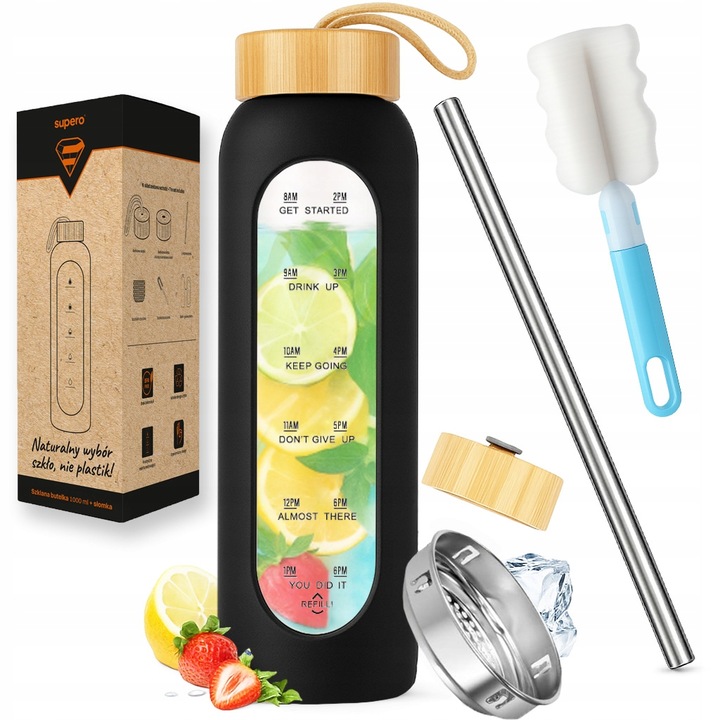 Szklana butelka na wodę motywacyjna z miarką wielorazowa słomka do picia 1L