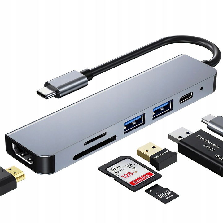 HUB USB ADAPTER 6W1 ROZDZIELACZ ROZGAŁĘŹNIK USB-C 2X USB 2.0 3.0 HDMI PD SD