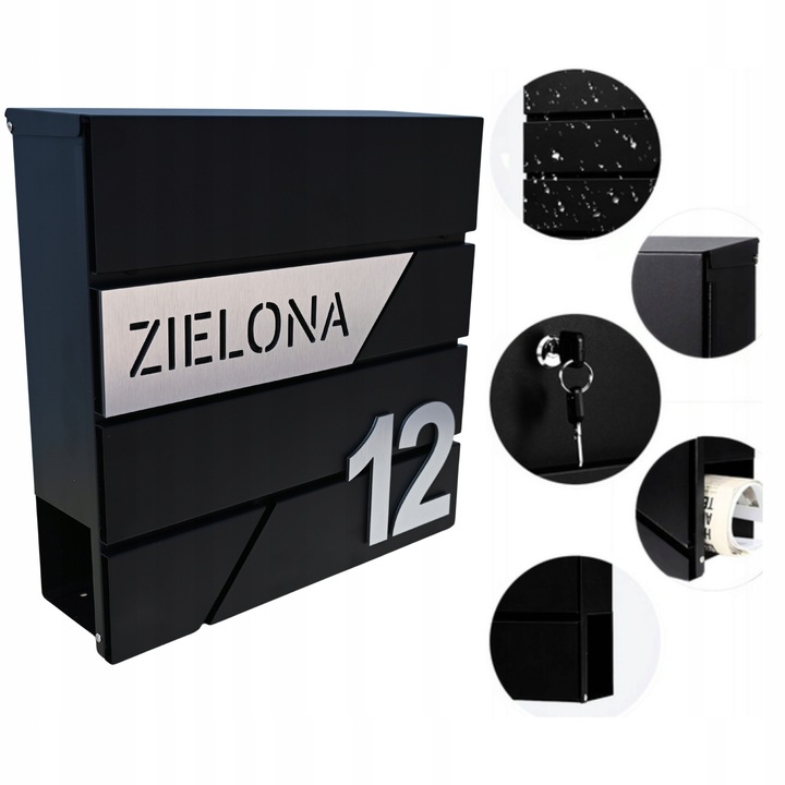 SKRZYNKA POCZTOWA NA LISTY Z ADRESEM NUMER DOMU WZORY DUŻA CZARNA RAL