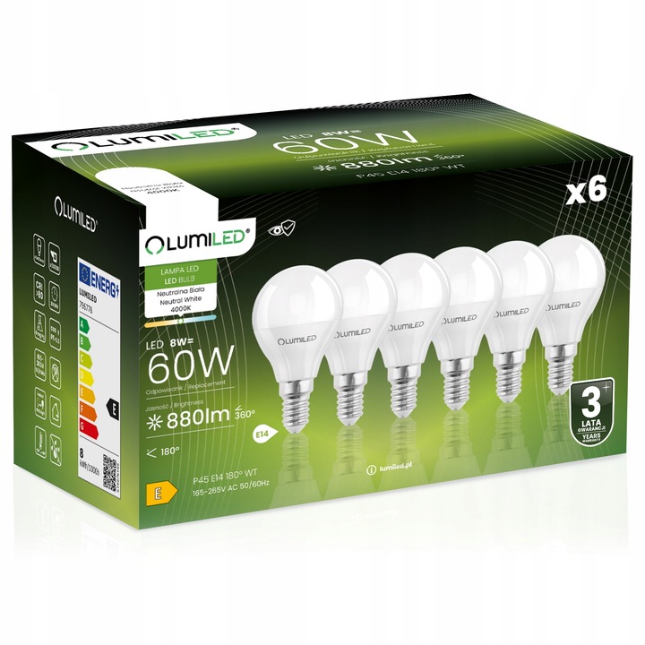 6x Żarówka LED E14 Mała Kulka 8W =80W 880lm 4000K PREMIUM LUMILED NIE
