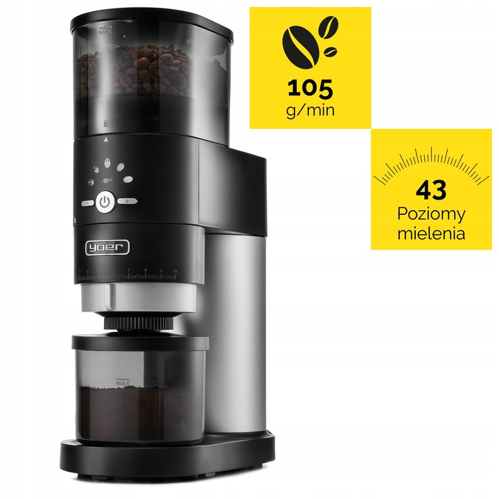 Żarnowy elektryczny młynek kawy Yoer 350W automatyczny +43 Poziomy