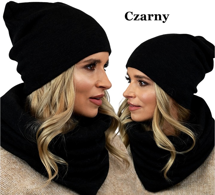 POLSKI Komplet CZAPKA + KOMIN Tunel Szal - CZARNY komplet damski na