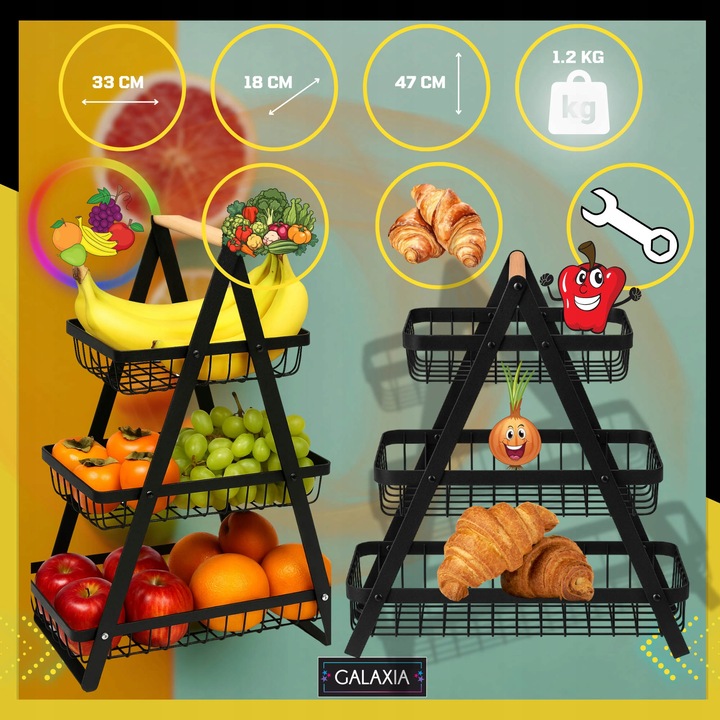 KOSZ NA OWOCE Koszyk na Warzywa Stojak Piętrowy Czarny 3 Poziomy