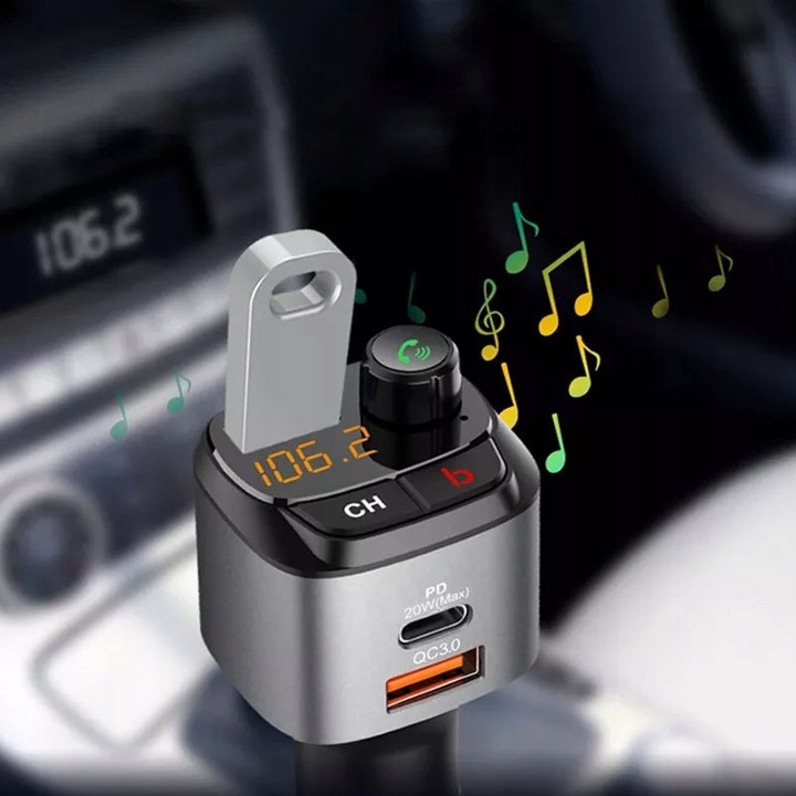 TRANSMITER SAMOCHODOWY FM BLUETOOTH ZESTAW GŁOŚNO MÓWIĄCY ŁADOWARKA QC
