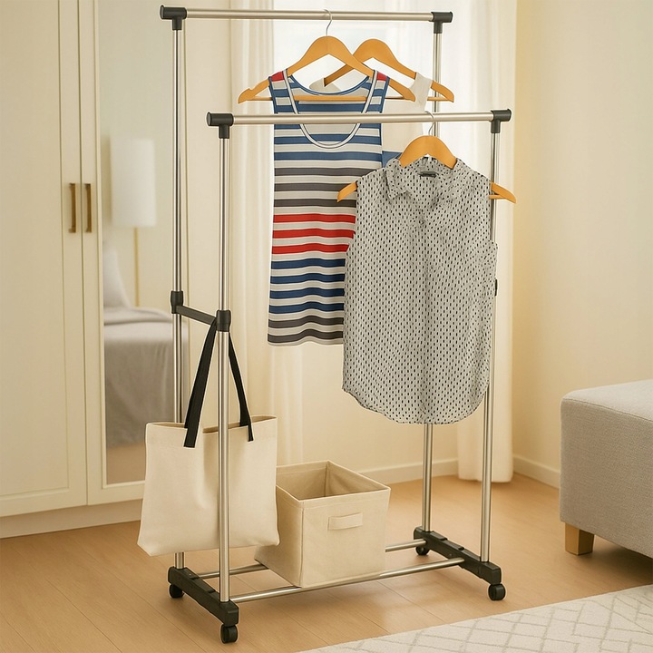 WIESZAK PODWÓJNY STOJĄCY NA KÓŁKACH UBRANIA STOJAK DO PRZEDPOKOJU