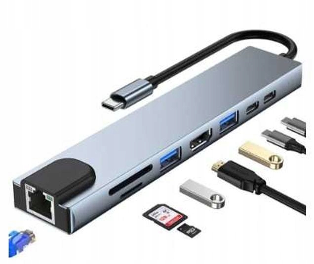 HUB ADAPTER PRZEJŚCIÓWKA USB-C 8w1 2xUSB HDMI SD RJ45