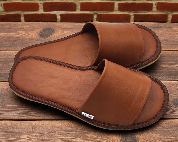 KLAPKI SKÓRZANE DAMSKIE wygodne pantofle kapcie skórzane PREMIUM BRĄZ