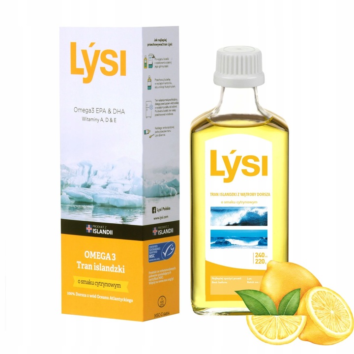 Lysi TRAN ISLANDZKI CYTRYNOWY z WĄTROBY DORSZA DHA EPA 240ml
