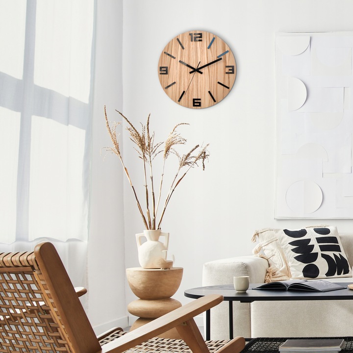 Zegar ścienny drewniany Dębowy ARABIK - 33 cm cichy, zegar do salonu
