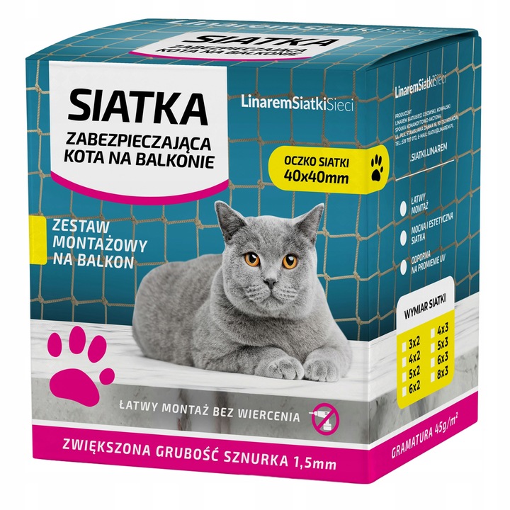 ZESTAW 6x3 GRUBA SIATKA DLA KOTA 1,5mm NA BALKON OKO 40mm BEZ WIERCENIA