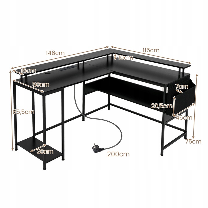 Biurko narożne Biurko gamingowe z oświetleniem LED i z stacją ładującą